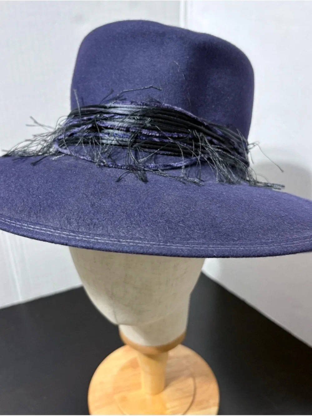 Patricia Underwood Navy Wide-Brim Wool Fedora Hat with Black Decorative Band
